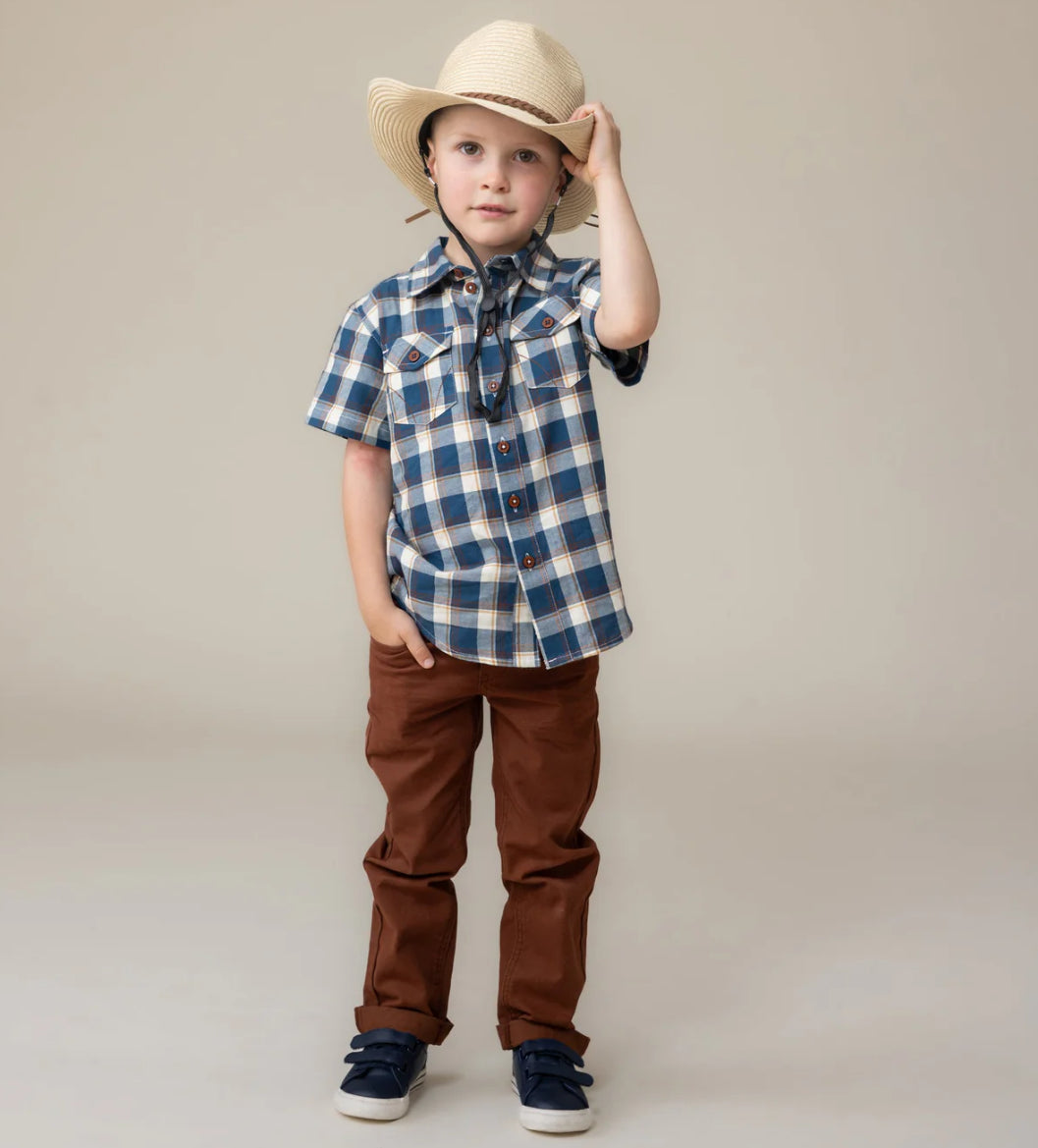 Boys Blue Plaid Button Up Shirt-Nano