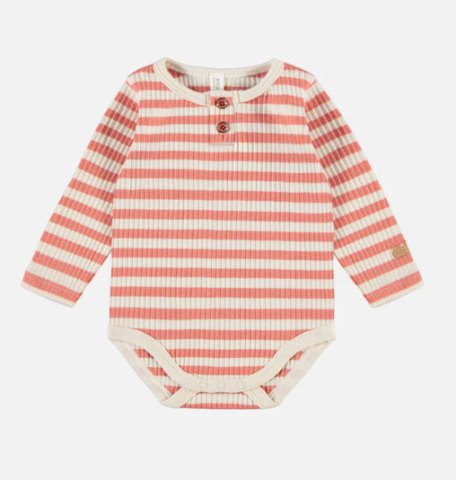 Orange And Beige Long Sleeved Striped Bodysuit In Organic Cotton-Souris Mini