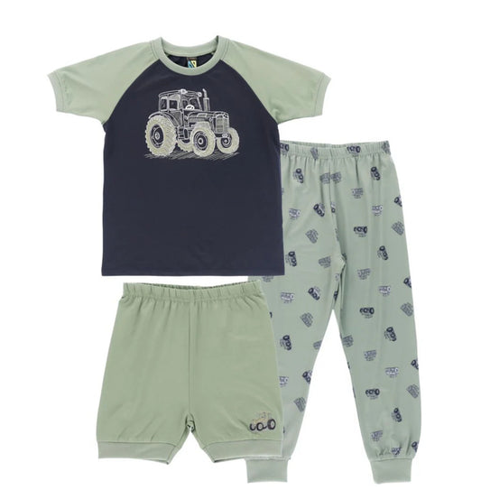 Boys 3 Piece Tractor Green Pyjama Set-Nano