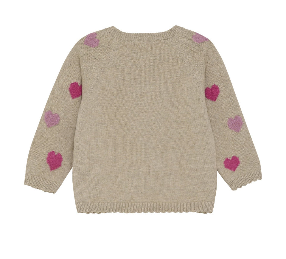 Cream Heart Knit Cardigan with Ruffle Trim-Minymo