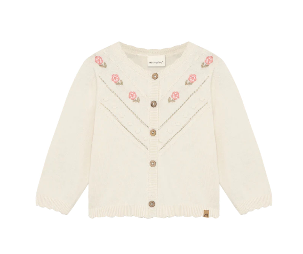 Baby Cream Knit Cardigan With Embroidered Flowers-Minymo