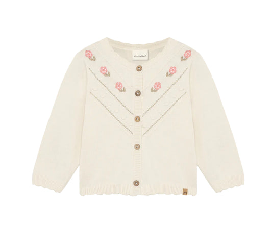 Baby Cream Knit Cardigan With Embroidered Flowers-Minymo