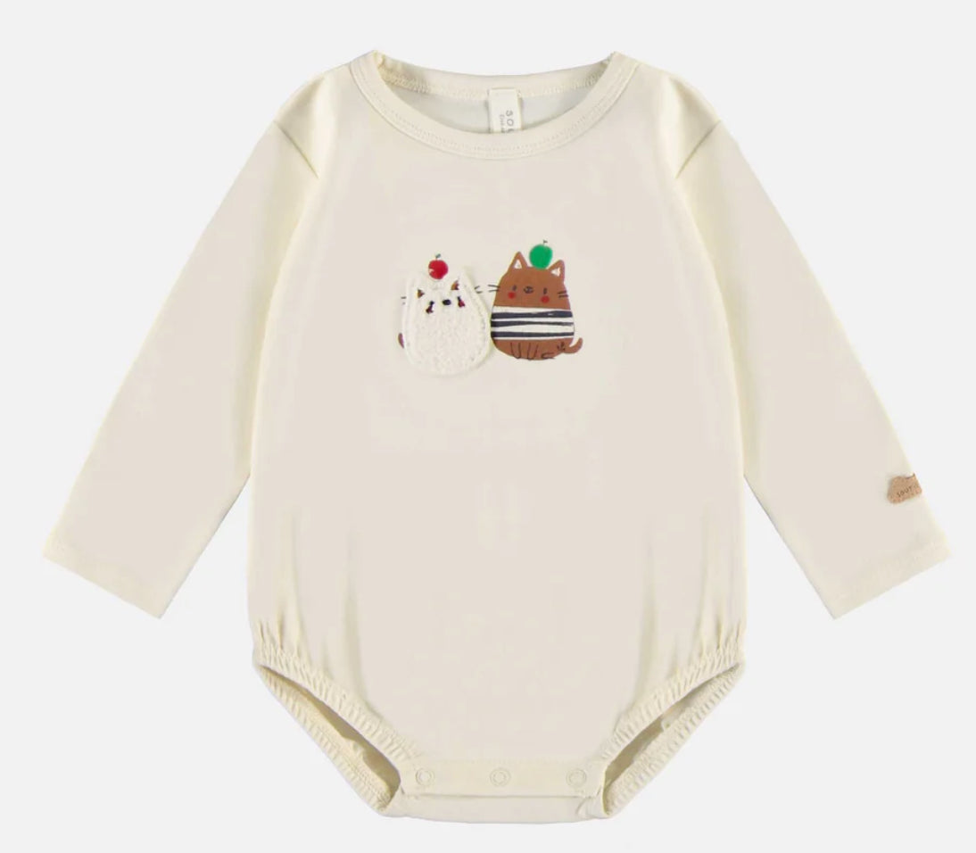 Beige Long-Sleeved Bodysuit In  Cotton with Cats and ApplesSouris Mini