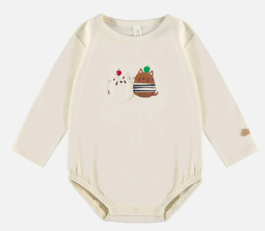 Beige Long-Sleeved Bodysuit In  Cotton with Cats and ApplesSouris Mini