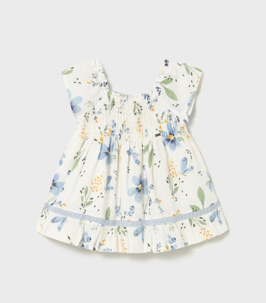 Cream and Blue Floral Printed Dress-Mayoral