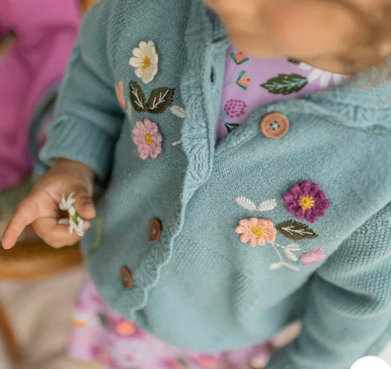 Hooded Cardigan In Ash Blue With Embroidery And Scalloped Edge-Souris Mini