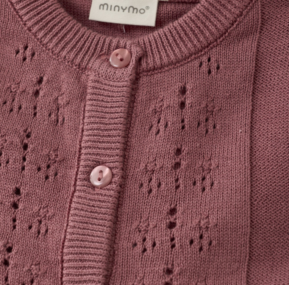 Muted Burgundy Knit Girls Cardigan with Embroidered Detail -Minymo