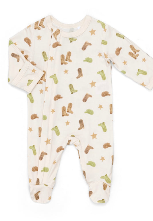 Cream and Brown Cowboy Boots Footed Modal Sleeper-Coccoli