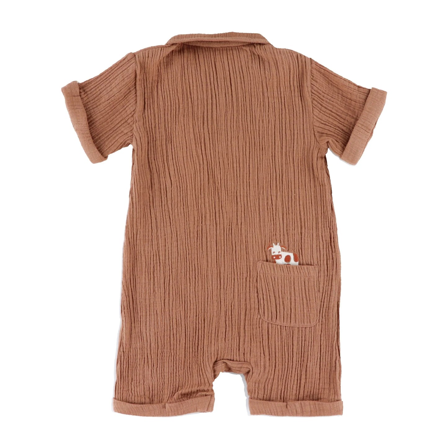 Cotton Button Romper with Cow in the Pocket-Nano