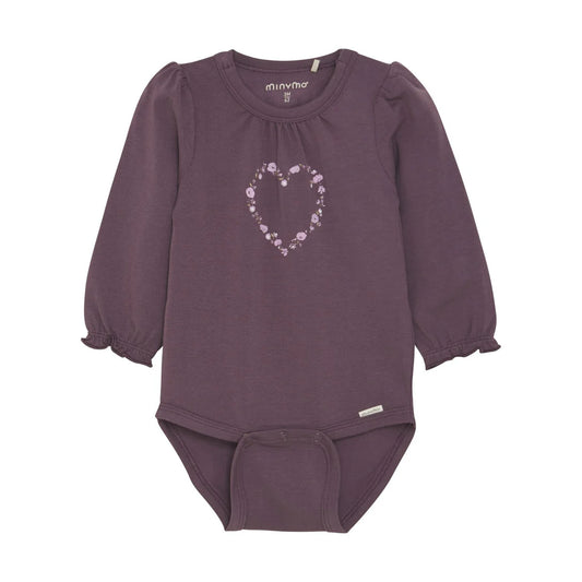 Mauve Vintage Floral Heart Long Sleeved Bodysuit In Cotton-MinyMo