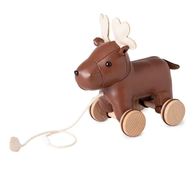 Moose toy,  pull toy moose, brown leather moose