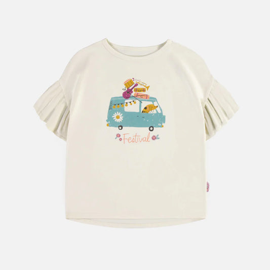 Cream T Shirt With Short Sleeves Dog And Van-Souris Mini