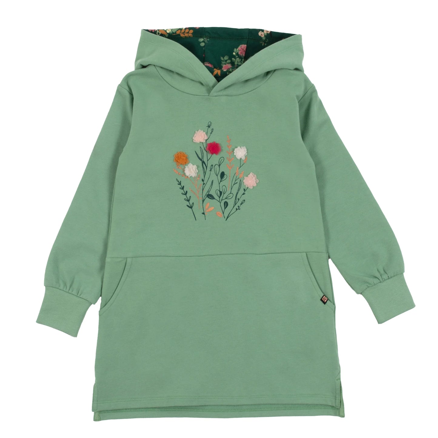 Girls Green Hooded Tunic with Flowers-Nano