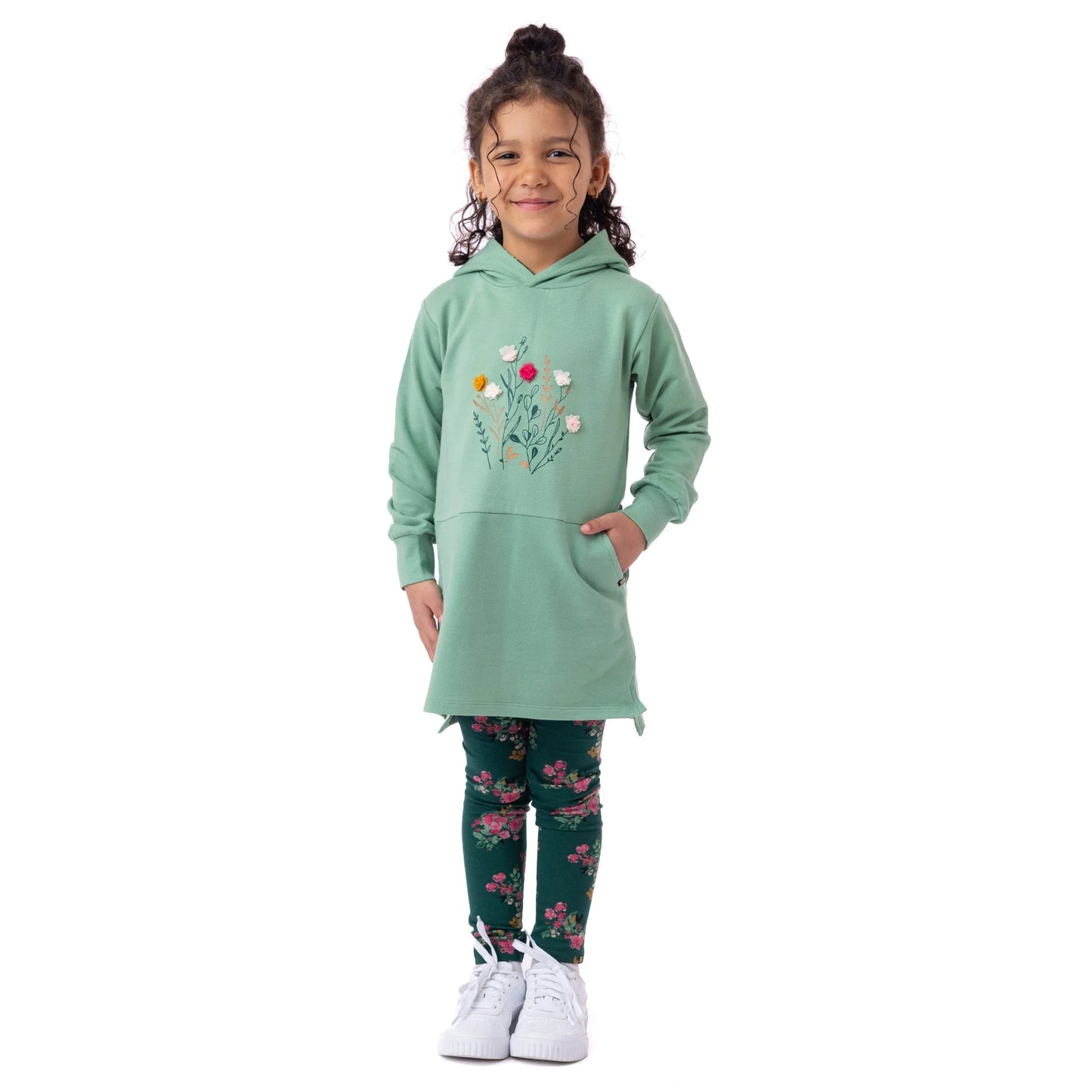 Girls Green Hooded Tunic with Flowers-Nano