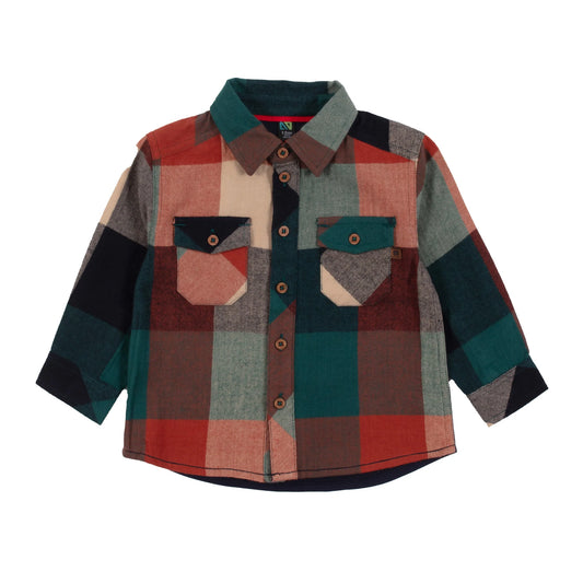 Teal Plaid Baby Long Sleeve Shirt with Knit Back-Nano