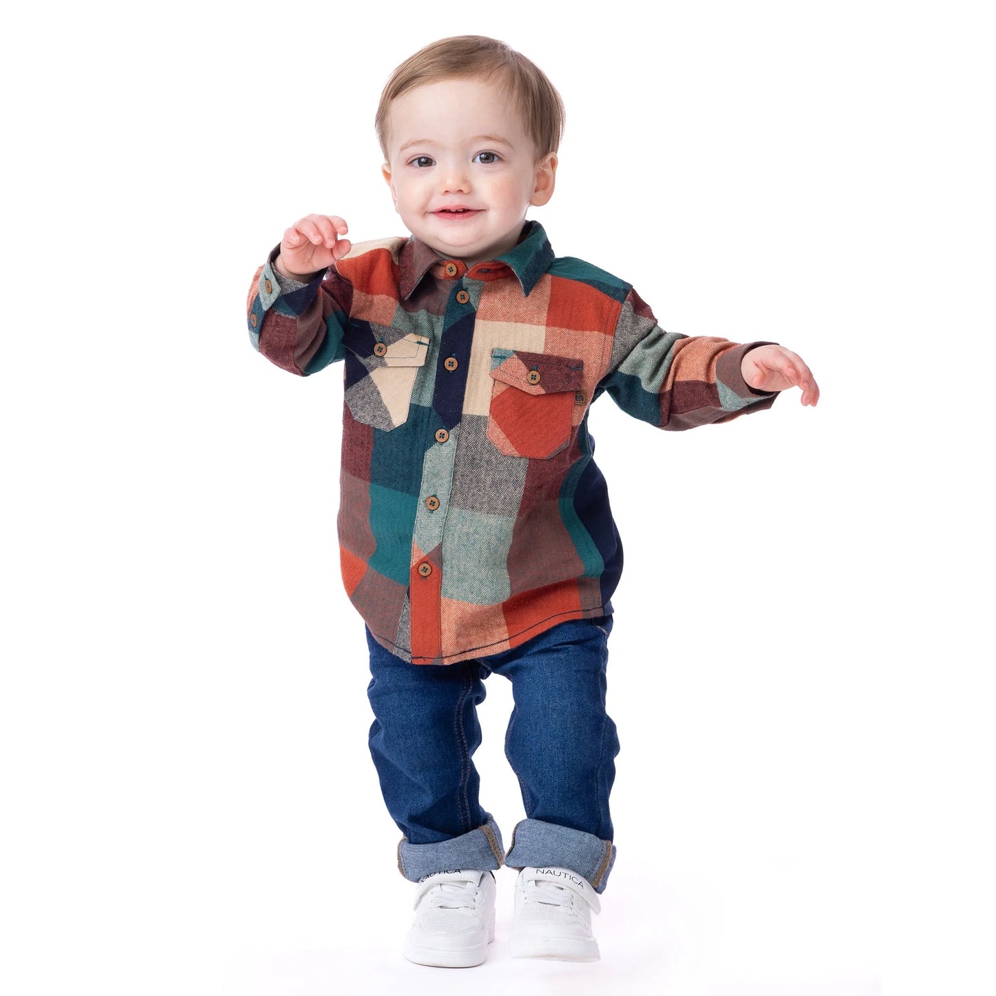 Teal Plaid Baby Long Sleeve Shirt with Knit Back-Nano