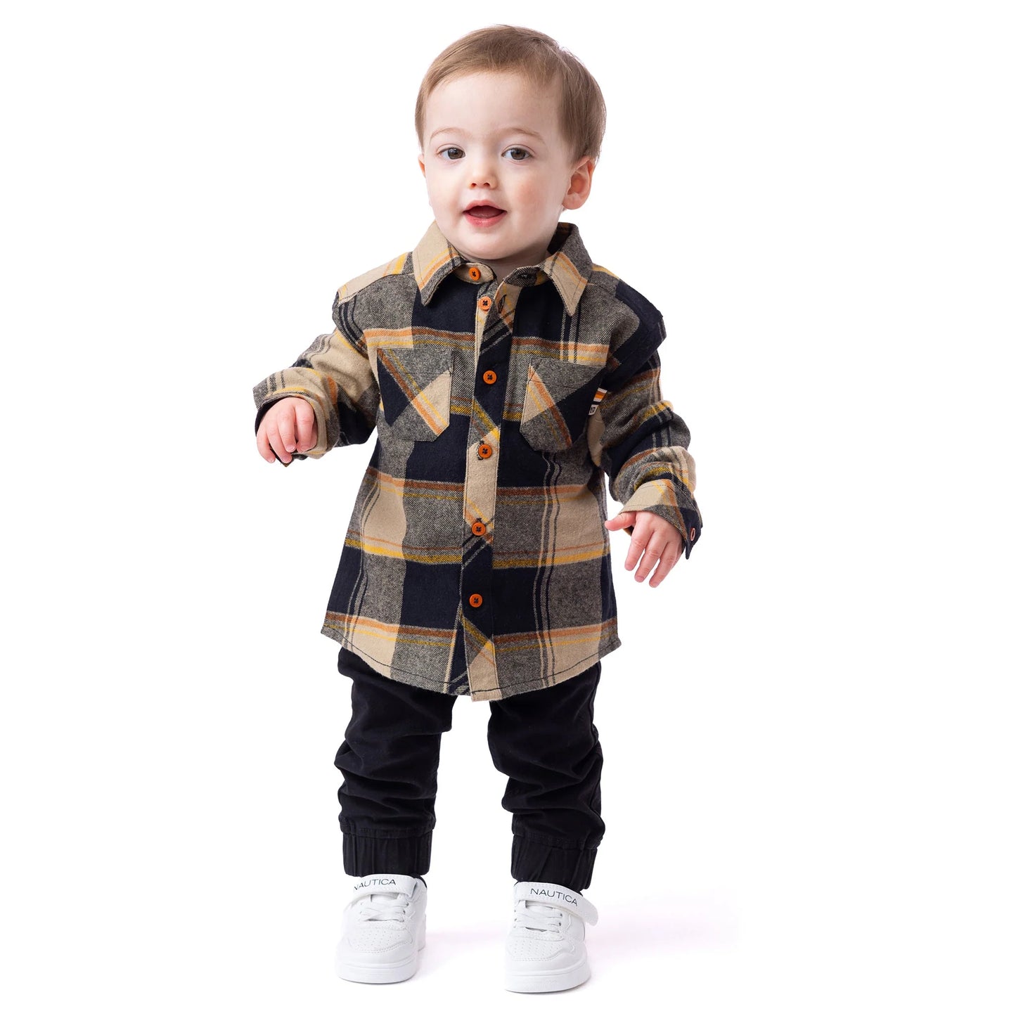 Black and Tan Baby Long Sleeve Shirt with Knit Back-Nano