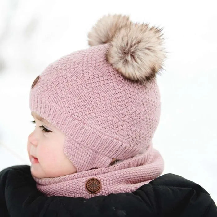 Plush Lined Knit Cotton Double PomPom Hat-Calikids