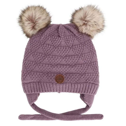 Plush Lined Knit Cotton Double PomPom Hat-Calikids