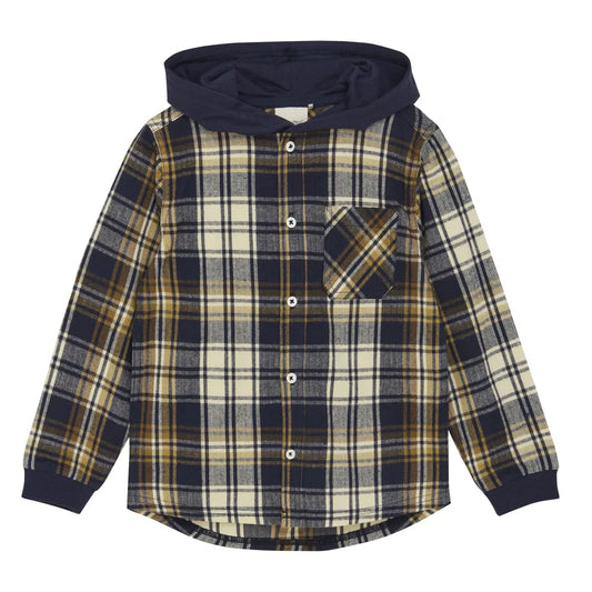 Navy and Brown Hooded Plaid Boy Shirt-Minymo