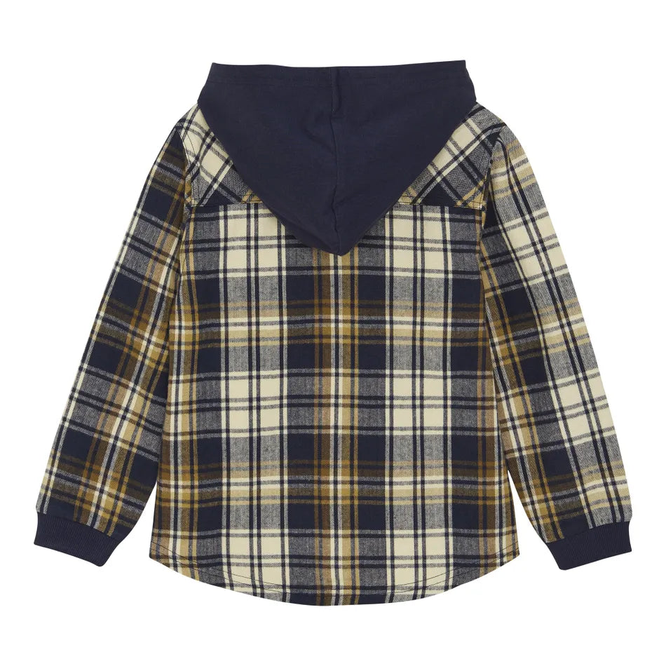 Navy and Brown Hooded Plaid Boy Shirt-Minymo