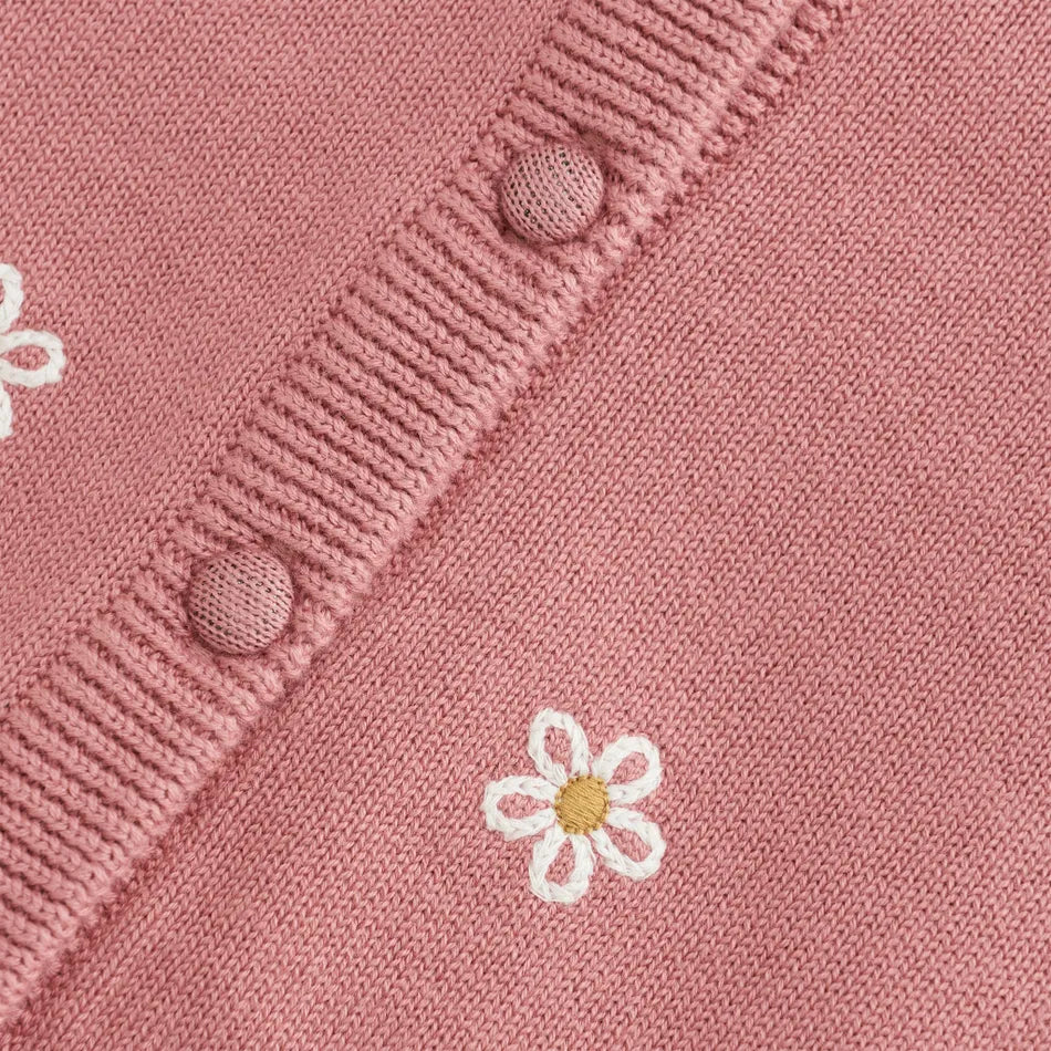 Pink Knit Girls Cardigan with Embroidered Flowers -Minymo