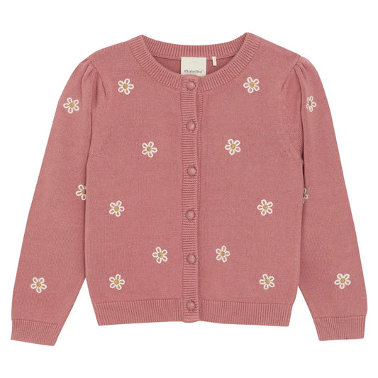 Pink Knit Girls Cardigan with Embroidered Flowers -Minymo