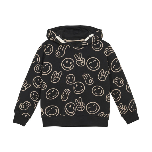 Black Organic Fleece Minymo Happy Face Emoji Sweatshirt-Minymo