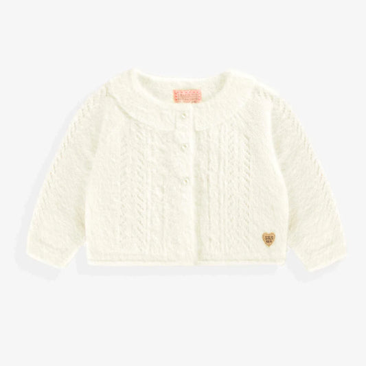 White Plush Baby Sweater with Scalloped Pearl Buttons -Souris Mini