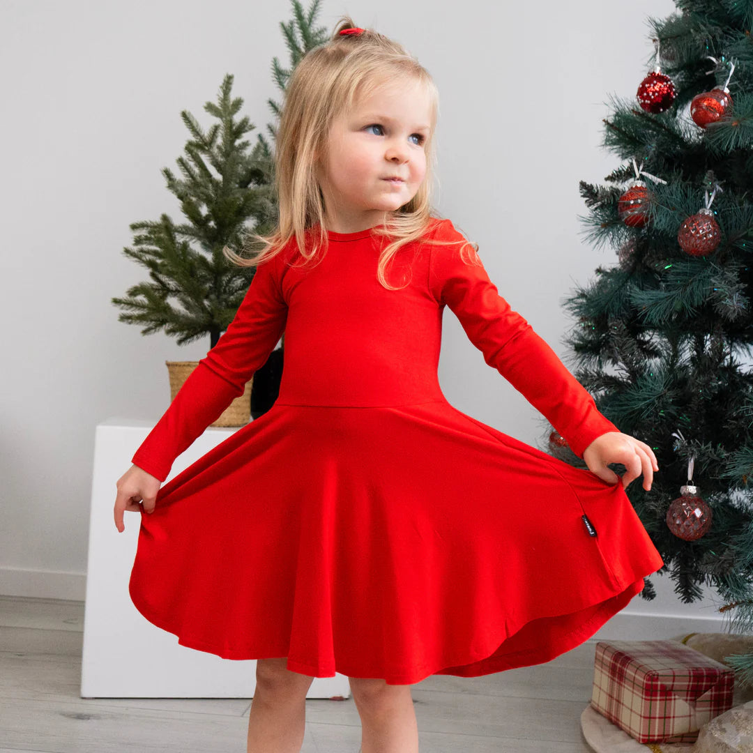 Santa Red Bamboo Twirl Long Sleeve Dress-Belan.J