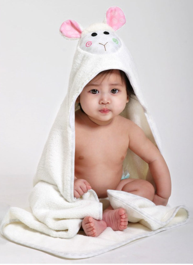 lamb towel, baby towel, white baby towel