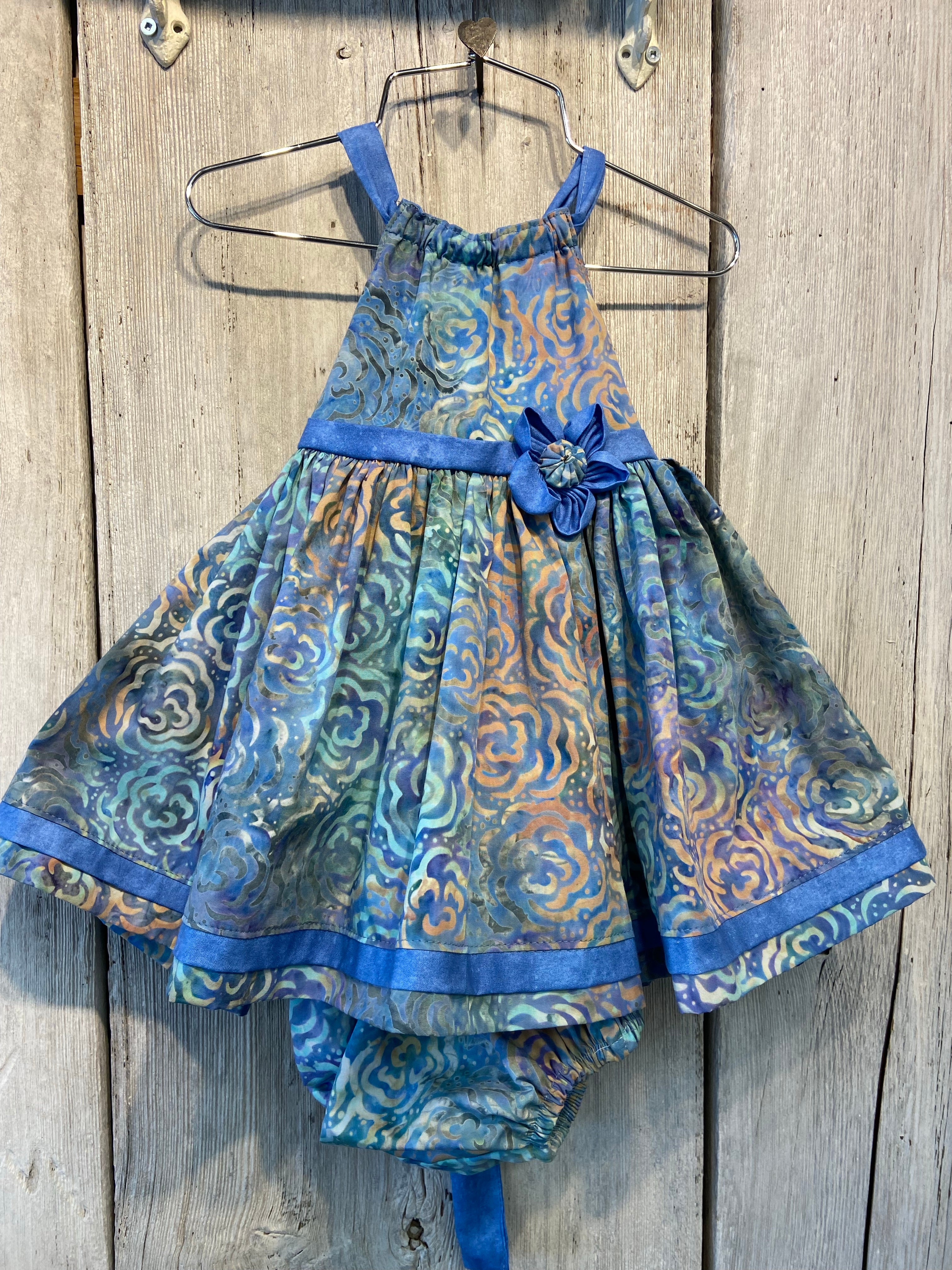 Bow Back Maddy Dress - Blue/Tan -Niffers Handmade